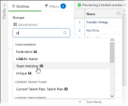 Screenshot showing outline panel with team member ID selected in the Group rows field